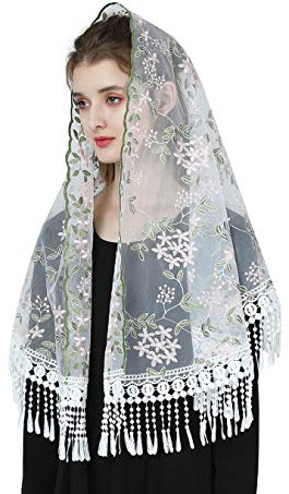 BEAUTELICATE Mantilla Spitzen Katholisch Schal Schleier Stola mit Quaste Schwarz Weiß für Damen Messe Latein Kapelle Kirchliche Hochzeit V118