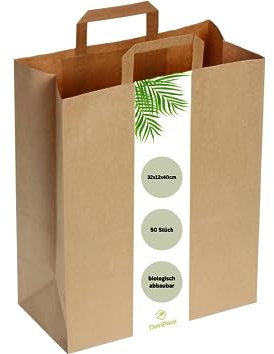 DeinPack 50 Papiertüten 32 x 12 x 40 cm I Umweltschonende Papier Tragetaschen groß Geschenktüten Papiertragetaschen biologisch abbaubar, kompostierbar I braune Papier Tüten