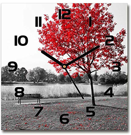 Tulup Glasuhr - 30x30cm - Schwarze Zeigern - Wanduhr Wandkunst Bild Gehärtetem Glas Uhr Echtglas Küche Wohnzimmer - Roter Baum