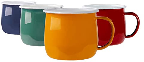 Argon Tableware Coloured Coffee Mugs - 375ml - Pack of 4 - Multicoloured Metal Insulated Enamel Mugs Lightweight Camping Belly Latte Mug Hot Chocolate Mug