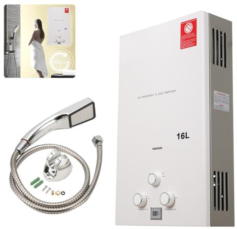 ECUTEE Gas Durchlauferhitzer 16L 32KW, LPG Warmwasserbereiter DurchlauferhitzerTankless Instant Heißwasserbereiter mit Galvanisierter Duschkopf und Duschschlauch für Zuhause,Wohnmobile,Camping Weiß