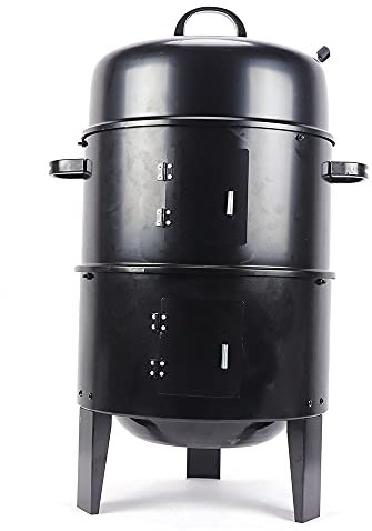 Fumeur de gril au charbon de bois 3 en 1, thermomètre intégré portable pour barbecue rond, gril fumé multifonctionnel de camping, noir