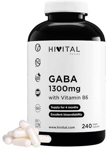 GABA 1300 mg med Vitamin B6. 240 veganska kapslar för 4 månaders behandling. Gamma-Aminosmörsyra med 3,5 milligram Vitamin B6. Gamma-AminoButyric Acid. Tillverkad i Europa av HIVITAL