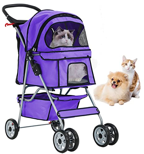 4 Wheels Cat Stroller, Pet Dog Jogger Stroller, Folding Carrier Waterpro with Cup Holder & Removable Liner, Dog Strollers for Small Dogs, for Small and Medium Pet Supplies (Purple)