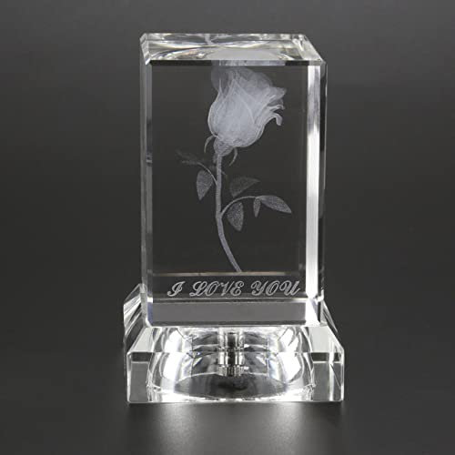 VVW&LIU Klarer 3D-gravierter K9-Kristallglasw¨¹rfel, Liebespfeil, Rose, vierbl?ttriges Kleeblatt, Modell, Briefbeschwerer, Geschenk mit leuchtendem Standfu?, I Love You Rose A
