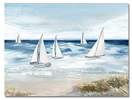 LCDIUDIU Ölbilder Auf Leinwand Handgemalt, Blaue Textur Himmel Meer Meer Segelboot Landschaft Moderne Abstrakte Kunstwerke Handgemalte Ölgemälde Auf Leinwand Wandkunst Für Wohnzimmer Schla