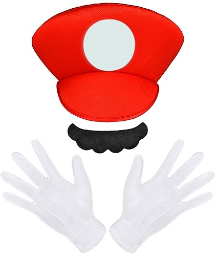 Aomig Cosplay Kostüm Zubehör Bros Spiele Accessories mit Mütze Hut Bart | Handschuhe Super-Brüder Filme Kostüm Set Männer Damen Erwachsene Outfit Kostüm für Weihnachten Karneval Halloween Mottoparty