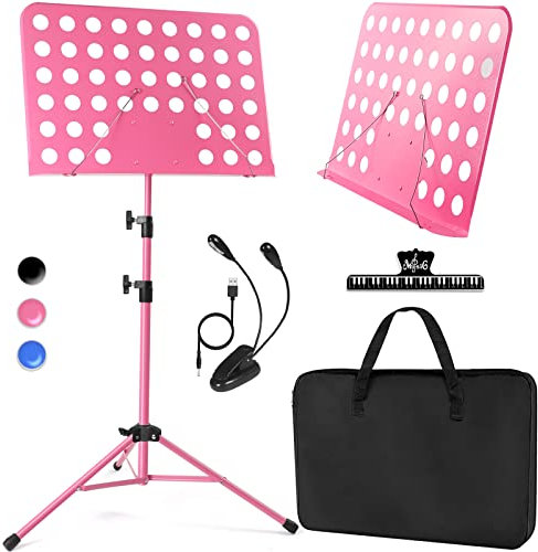 lotmusic Rosa Notenständer, Tragbarer Notenständer, Faltbarer und Höhenverstellbarer Notenständer mit Tasche, Notenclip, Licht, Geeignet zum Spielen von Musikinstrumenten und Reisen