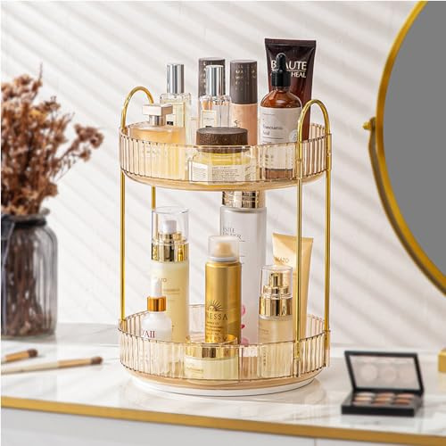 ROWNYEON 360° drehbarer Make-up-Organizer, goldfarbener Make-up-Organizer, Arbeitsplatte, Hautpflege-Organizer für Schminktisch, Badezimmer, Kommode, Tisch, Schreibtisch