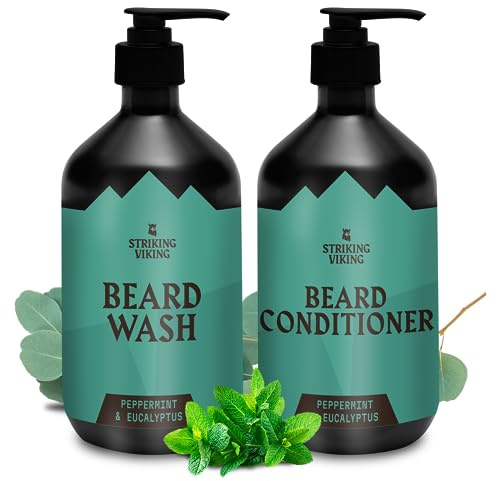Striking Viking Beard Wash and Conditioner - 2 x 300 ml, Peppermint & Eucalyptus - Deep Cleansing Shampoo for Dry Beard - Infusion with Jojoba & Argan Oils - Paraben Free Shampoo & Conditioner Sets