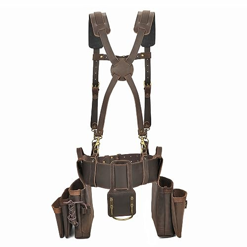 Leather Tool Belt Bags + Suspenders, Work Harness for Carpenter Electrician