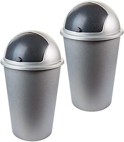 2friends Mülleimer Abfalleimer mit Schiebedeckel 2er Set 50 Liter (40x68cm) Platzsparend & Elegant Küchenabfalleimer, Anthrazit/Silber, Premium EU-Qualität, Modell Tina