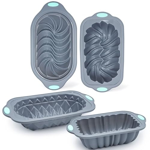 Tongjude 4 Piece Silicone Loaf Tin for Baking Bread, Non-Stick Kitchen Oven Bread Pan, Perfect for Banana Bread, Sandwich Bread, Pound Cake and Meatloaf, 6 Cups, Grey