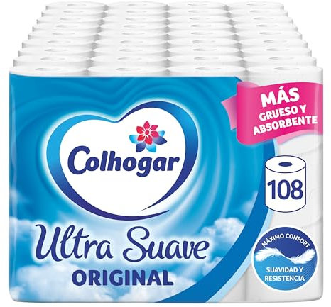 Colhogar Ultra Suave Original x108 - Papel Higiénico Blanco de 2 Capas - 9 paquetes de 12 Rollos, Sin Perfume