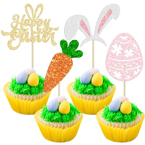 Gyufise 24Pcs Happy Easter Cupcake Toppers Glitter Bunny Ear Egg Carrot Cupcake Decorations Easter Day Cake Toppers for Easter Theme Spring Birthday Baby Shower Party Supplies