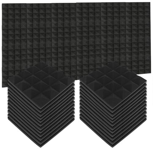 24 Pack Set Acoustic Panels, 25 x 25 x 5cm Noise Absorption Acoustic Foam Panels, 5cm Thickness High Density Sound Proofing Panels for Studio, Cinema (24pcs Black)