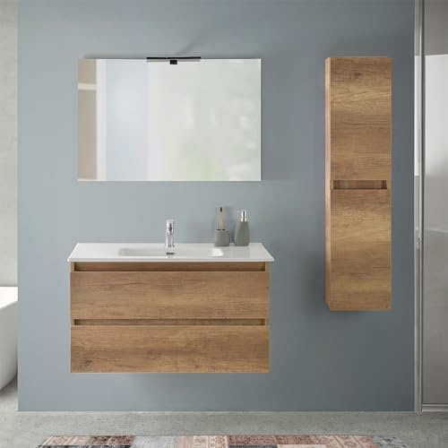 Inbagno Mobile Bagno Sospeso 90 cm Rovere Naturale – Composizione Con Lavabo In Ceramica, 2 Cassettoni Soft-Close E Pensile Colonna 125 cm – Linea Nadia