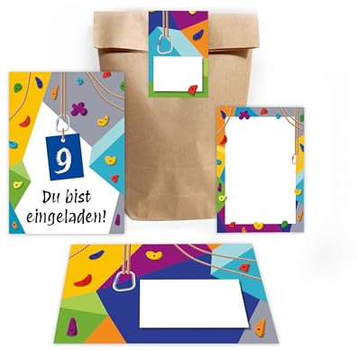 8 Einladungskarten zum 9. Kindergeburtstag Klettern Bouldern Mädchen Jungen Einladungen neunte Geburtstag incl. 8 Umschläge, 8 Partytüten/natur, 8 Aufkleber, 8 Mini-Notizblöcke