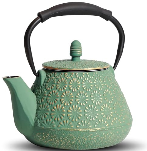 GUANGHEIRON Teekanne Gusseisen 950ml – emailliert mit Sieb Grün | Japanische Teekanne mit Teesieb, emaillierte Innenseite, Silikongriff, Geeignet für Herd, ideal für Tee Geschenk