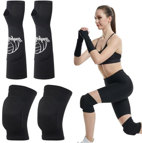 Protección de Voleibol,1 par de Protectores de Brazo de Voleibol+1 par de Rodilleras de Voleibol,con Esponja -Rodilla y un Agujero del Pulgar,para Corriendo Yoga de Automóviles de Montaña (L,Negro)