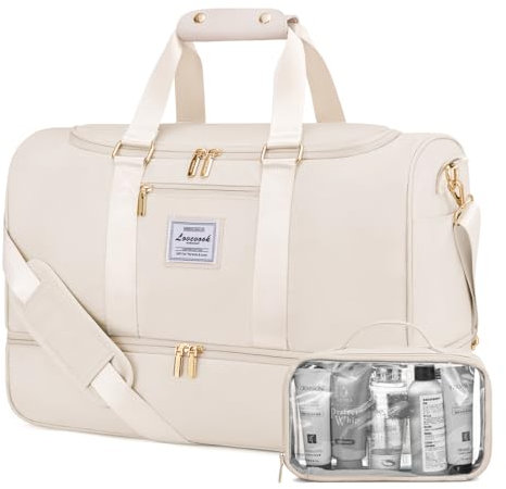 LOVEVOOK Sporttasche Reisetasche Damen, Weekender Travel Duffle Bag mit Kulturtasche, Schuhfach & Nassfach, Wasserdicht Gym Bag Carry on Bag, Handgepäck Tasche für Sport Reisen Flugzeug, Beige