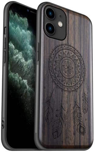 Carveit Coque en Bois pour iPhone 11 Étui Protection Artistique Cover TPU Souple de téléphone Antichoc Compatible avec Apple 11 Etui (Bois Sombre-Attrape-rêves)
