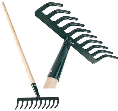 KADAX Rechen aus Metall, Flache Harke mit Stiel aus Holz, Laubbesen für Garten, Beet, Laubrechen, Rasenrechen, grün, Gartengerät, Heurechen, Gartenwerkzeug, Gartenharke (10 Zinken V2)