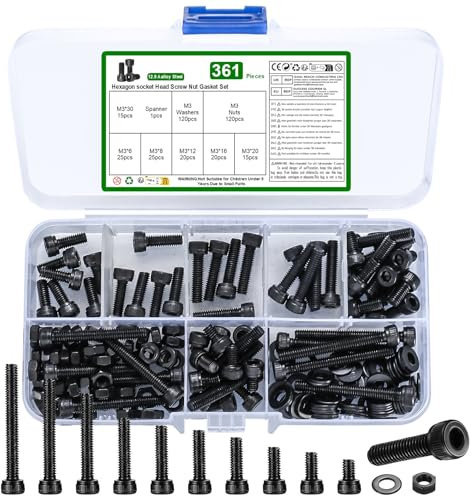 361 Pcs Sechskantschrauben, M3 Zylinderschrauben Innensechskant Schrauben und Muttern und Unterlegscheiben Sortiment Set, Metrisch Sechskopf Fahrrad Gewindeschrauben Muttern Unterlegscheiben