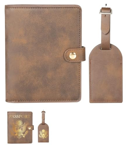 Reisepasshalter + Gepäckanhänger, Personalisierte Leder Reisepass Brieftasche Magnetschnalle Gepäckanhänger Set, Business Laser Gravur Logo DIY, Für Reisen, Männer Geschenk (Braun, Goldgeschnitzt)