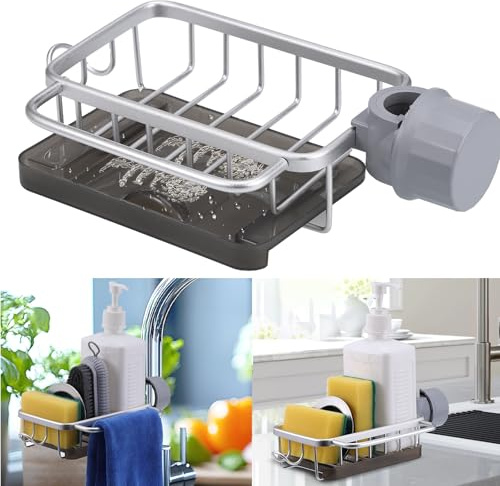 Huiguli Kitchen Sink Organizer Over Faucet, Spülbecken Organizer mit Abnehmbarer Abtropfschale, Aluminium Küchen Sink Caddy Organizer mit Haken für Lappen Bürsten Schwamm und Seife, Silber