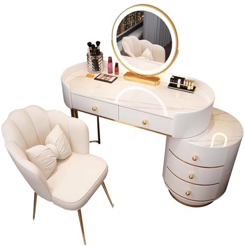 WappiGo Tavolino da toilette con specchio e luci, Comodino con 5 cassetti, 3 modalità di illuminazione a colori, luminosità regolabile, Comodino da camera da letto e gambe in metallo