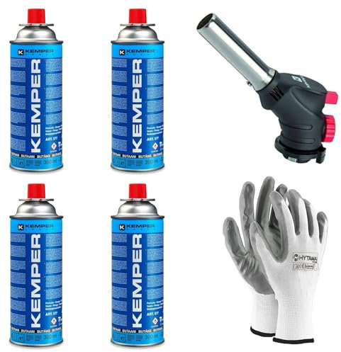 Kemper - Torcia Cannello a gas, Scottatore da Cucina, Caramellatore + Ricarica di Gas Butano da 227 g, multifunzione + Guanti Omaggio (4 BUTANO + CANNELLO)
