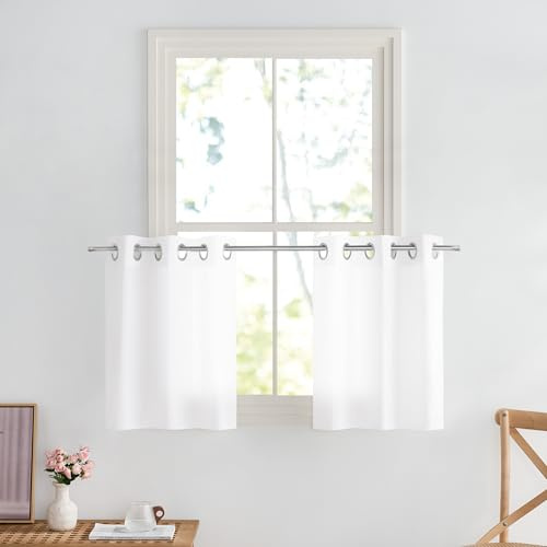 PONY DANCE White Voile Curtains 24 Drop Pair, Non-See-Through Cat Proof Window Net Curtains for Kitchen/Cafe Privacy Protect Eyelet Sheer Panels for Small Windows, 29 Inch Wide Per Panel, Set of 2