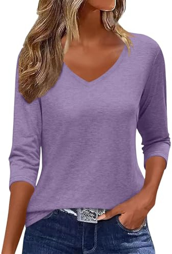Minetom Camiseta de manga 3/4 para mujer, camiseta de verano, cuello en V, básica, jersey de otoño, otoño, A violeta., L