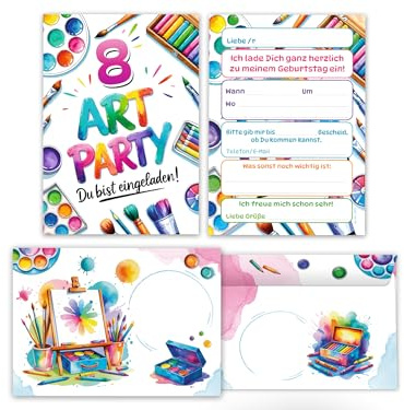Junaversum 8 Einladungskarten inkl. 8 Umschläge zum 8. Kindergeburtstag Art Kreativ-Party Malparty Kunst Basteln DIY Künstlerparty Kinder Mädchen Einladungen achte Geburtstag Kids