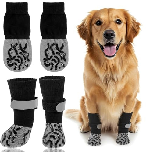 4 Pcs Dog Socks with Grips, Dogs Socks Paws Stop Licking, Dog Shoes with Grippers for Hot/Cold Pavement, Dogs Booties for Hardwood Floors Anti Slip Grey(M)