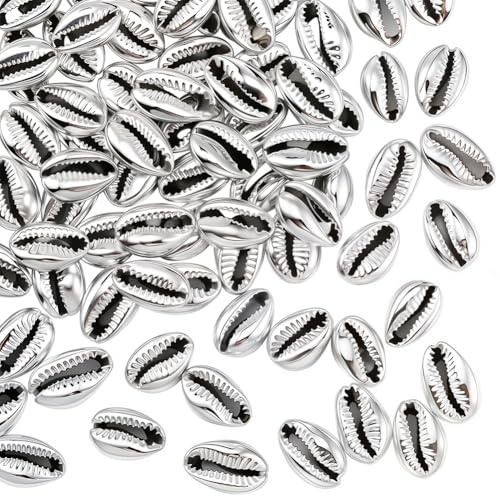 PONABEADIY 1 caja de 80 cuentas de Concha de Cauri Galvanizadas En Plata con Agujeros, Conchas Marinas Naturales de Verano, Temática Oceánica Hawaiana, Espaciadoras Sueltas para Hacer Joyas, Pulseras,