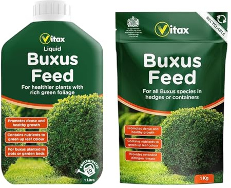 Vitax Buxus Feed Fertiliser & Plant Food – Liquid 1L & Granular 1kg for Promotes Strong Healthy Growth Prevents Disease ideal for Pots Hedges & Trees