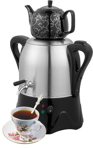 Tetera turca eléctrica, samovar turco eléctrico de 2000 W con función de mantenimiento del calor, tetera de acero inoxidable de 3 L y tetera de cerámica de 1 L, para café, té aromático y té turco