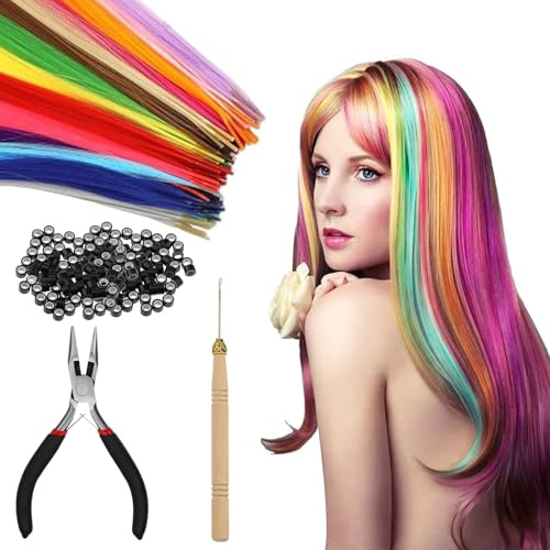 BOULESENM 50 Piece Kit Extension de Cheveux Colorés, Meche Colorée pour Cheveux, Extension de Meches chéveuxs Tresse chéveuxs avec 150 Perles et Crochet