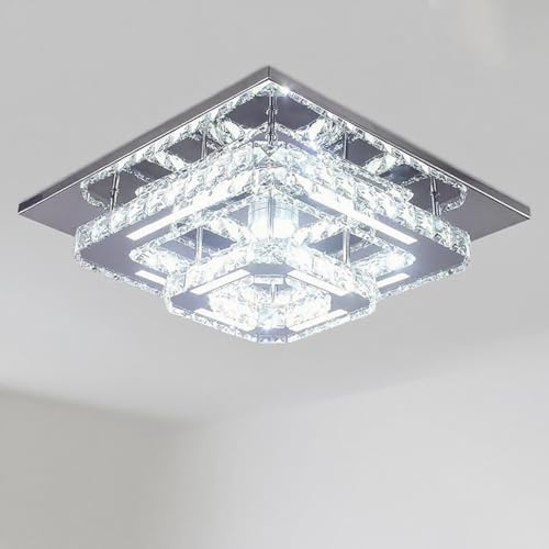 YPQXYHDA 9.8 Crystal Chandelier Ceiling Light Modern LED Light Fittings Ceiling Flush Mount Square Chandeliers for Bedroom Stairwells,Cafes Entryway Hallway Light Fixture(White)