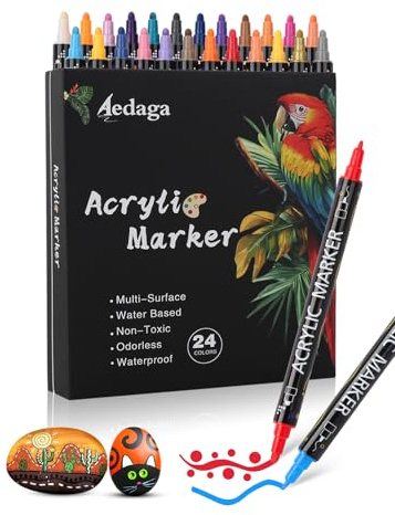 Brled 24 Colours Acrylic Paint Pens,Acrylic Paint Markers Dual Tip (Fine & Dot Tip), Acrylic Markers for Adults,Paint Pens Acrylic Markers for Glass, Stone, Wood, Canvas, Paper, Pottery
