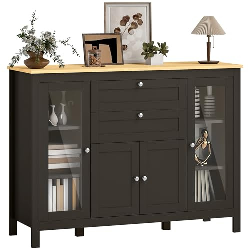 HOMCOM Buffet Salon, Meuble de Rangement avec 1 Placard Double Porte, 2 placards à Porte vitrée, 2 tiroirs et étagère réglable, Style Moderne, Buffet Salle à Manger et Cuisine, 120x40x90cm, Noir