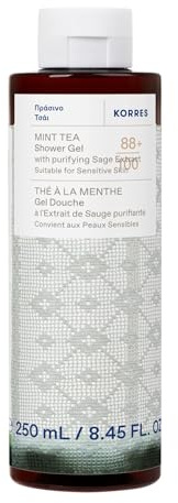 KORRES MINT TEA Gel de ducha con extracto de salvia purificante, con aroma revitalizante a menta, el baño y el afeitado, testado dermatológicamente, vegano, sin siliconas ni parabenos, 250 ml