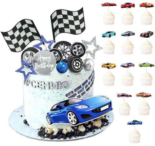 QingWing 40 Piezas Cars Cakes Decorations, Cake Topper Coches | Decoración Con Bandera a Cuadros, Auto Adornos de Cupcakes Adecuado para Baby Showers, Accesorios Fiestas de Cumpleaños, Azul
