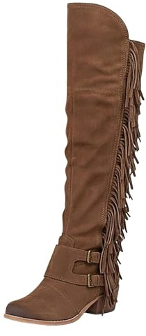 Women's Fringe Cowboy Thigh High Boots Tassel Western Cowgirl Casual Comfortable Women's Knee-high Boots with Side Zipper 2025 Winter Pointed Toe Solid Color Buckle Strap Chunky Low Heel Boots