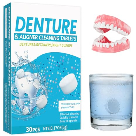 Retainer - Pastiglie per la pulizia, 30 pezzi, pastiglie per la pulizia dei denti e delle parentesi graffe, detergente per ritainer, binari e allineatori, rimuove macchie e odori, confezione mensile