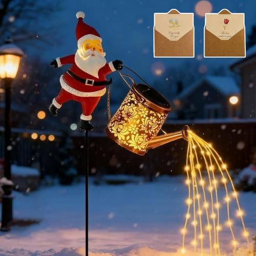 Luci Solari Natalizie per Bollitore, Luci Decorative per Prato da Giardino, Luci Solari Natalizie per Bollitore con Babbo Natale, Annaffiatoio Decorativo da Appendere Impermeabile(Warm#)