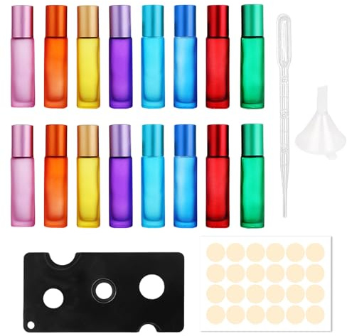 16 Pcs Glass Rollerball Bottles with Stainless Steel Rollers, 10ml Empty Rollerball Bottles, Includes Bottle Opener, Funnel, Straw and Label, Suitable for Essential Oils, Perfumes and Cosmetics, Color