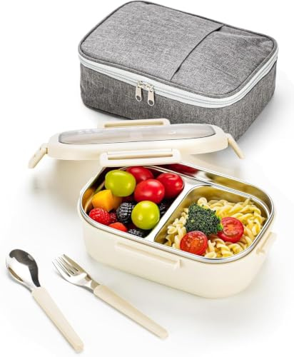 Lille Home Fiambrera de Acero Inoxidable, 2 Compartimentos, 850ml | Contenedor de alimentos sin plomo y sin BPA. Incluye bolsa de almuerzo y juego de cubiertos. Ideal para llevar a diario